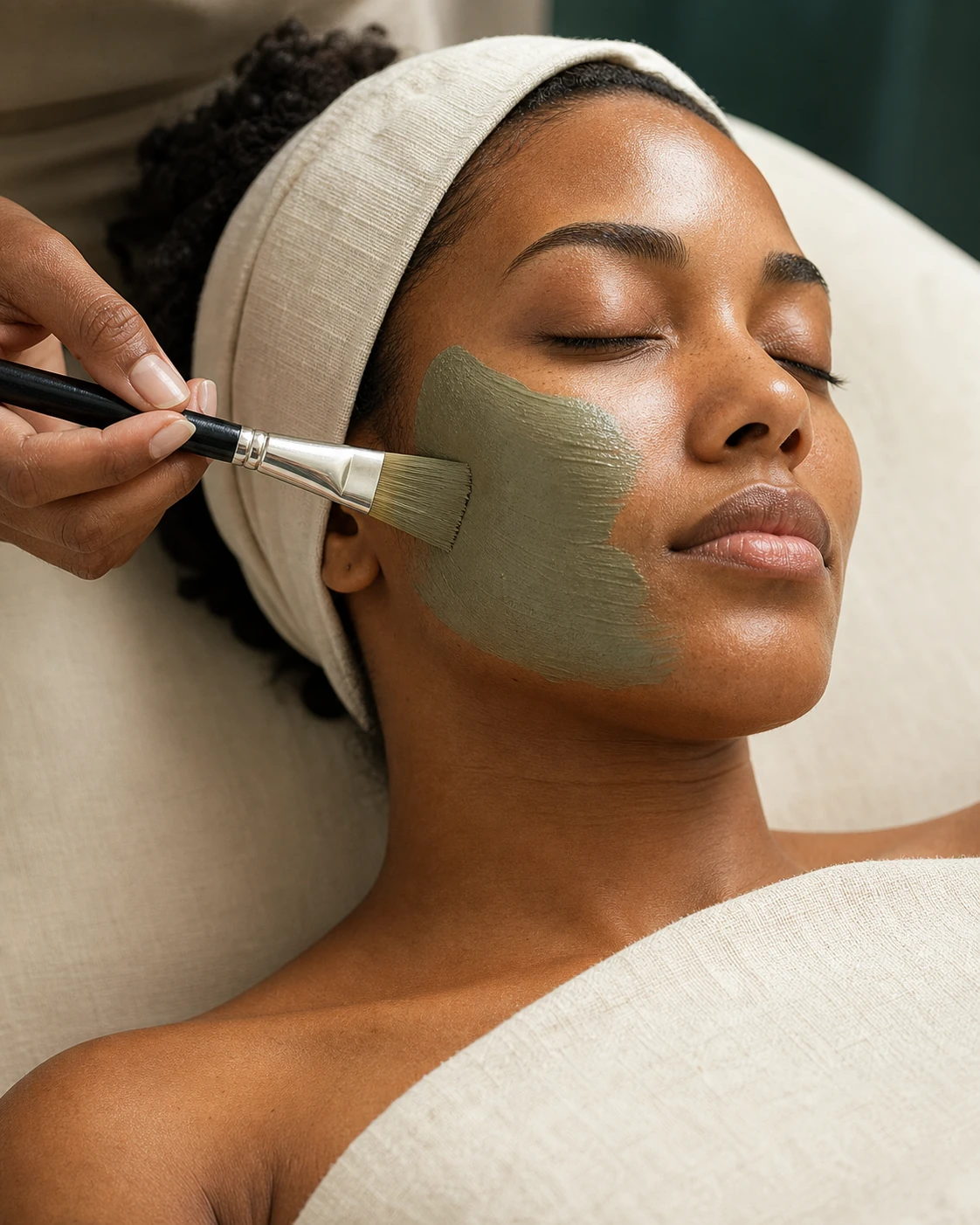 Aplicación cuidadosa de una mascarilla facial con brocha