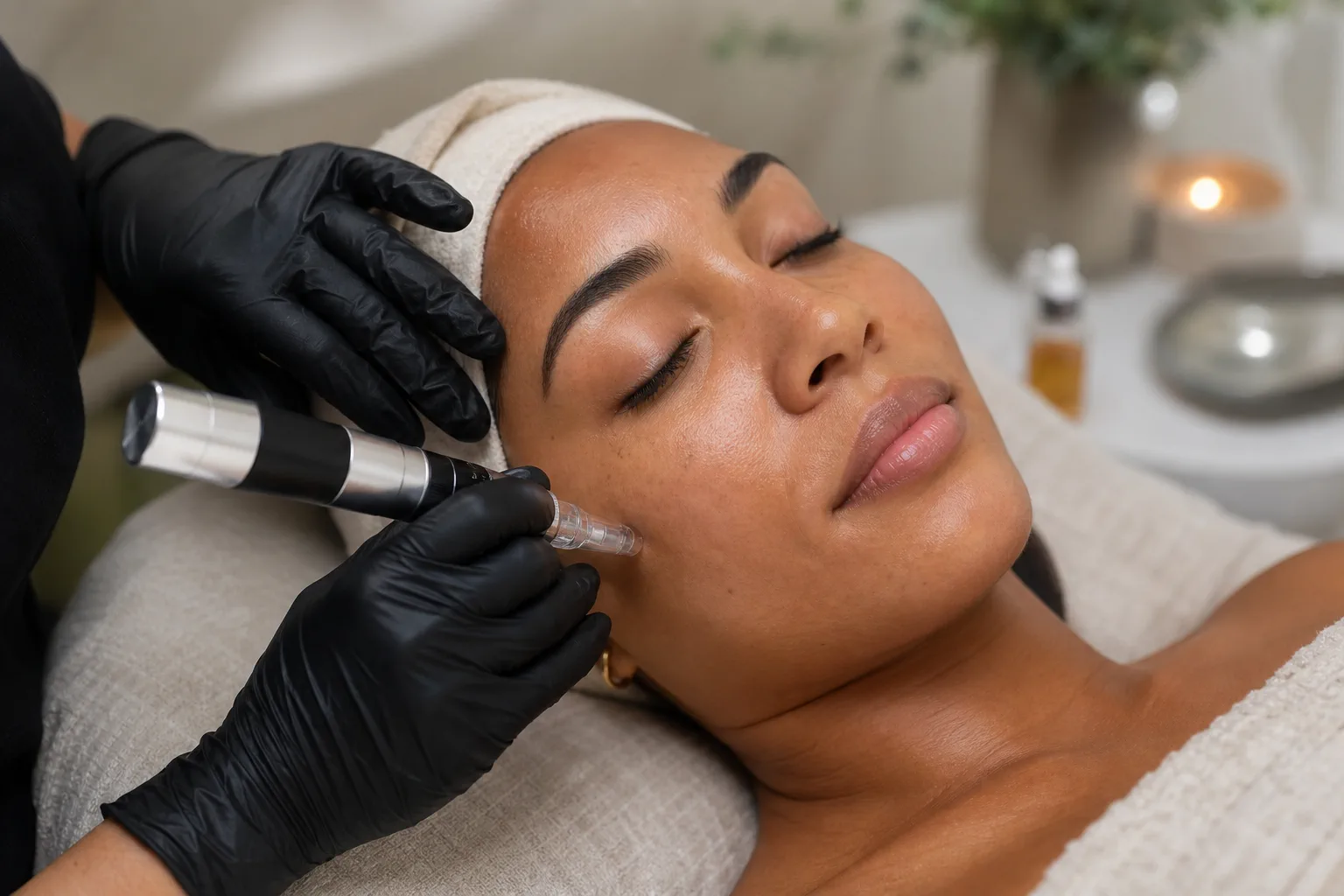 Aplicación profesional de microneedling con PDRN sobre la piel del rostro